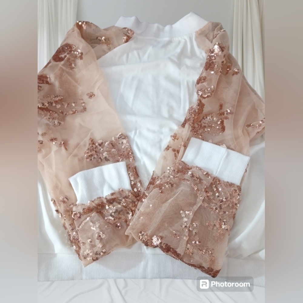 White Cropped Jacket Gold Zipper Mesh Long Sleeves XL - Picture 9 of 13